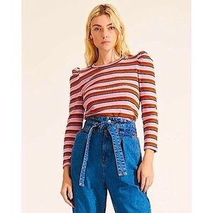 Veronica Beard Britney Striped Puff Sleeve Top Sz S